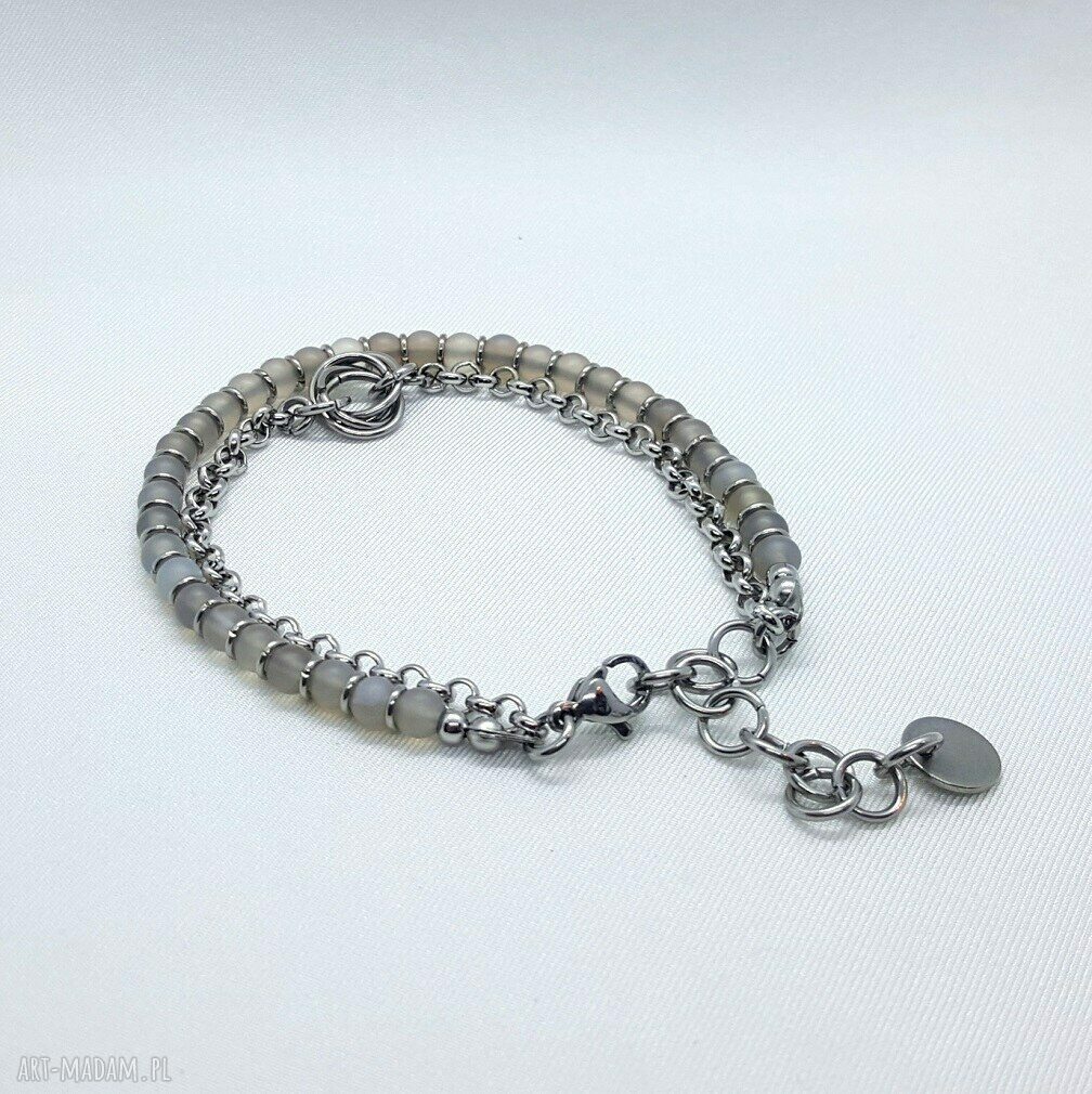 Bransoletka chainmaille z szarym agatem - stalowe ogniwa i mobius ball