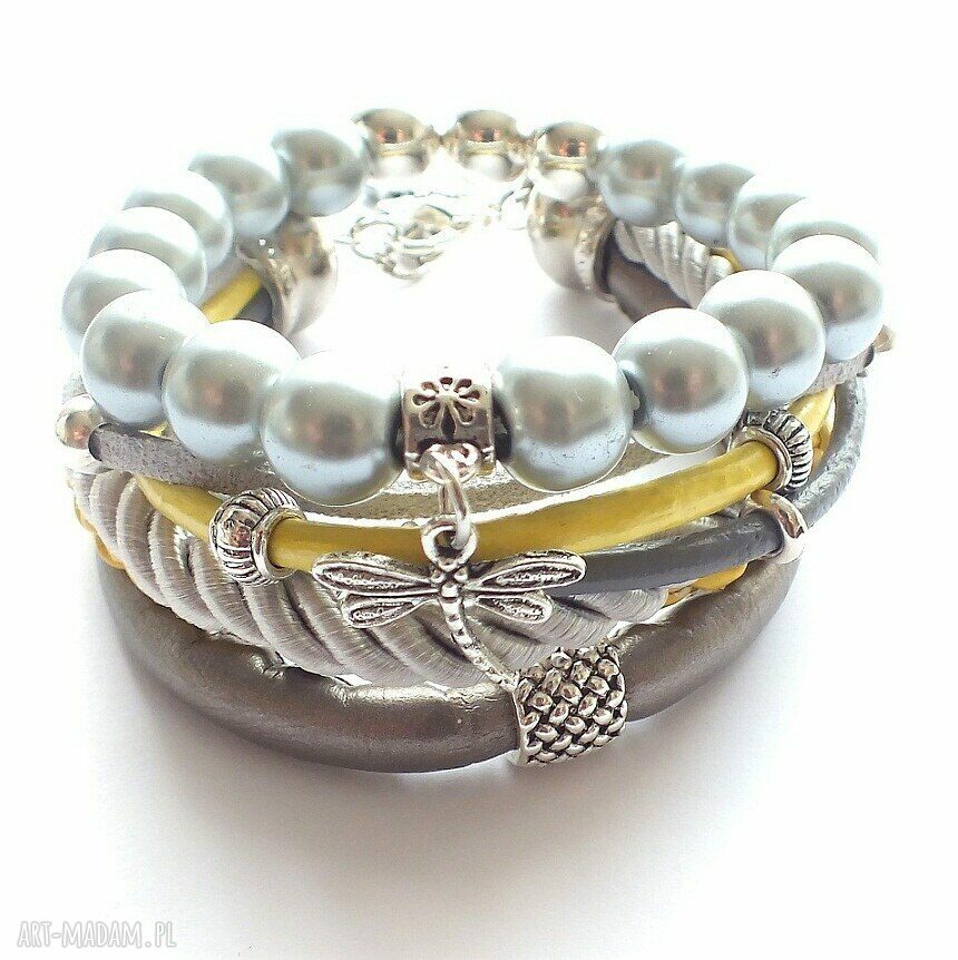 Bransoleta grey pearls&dragonfly