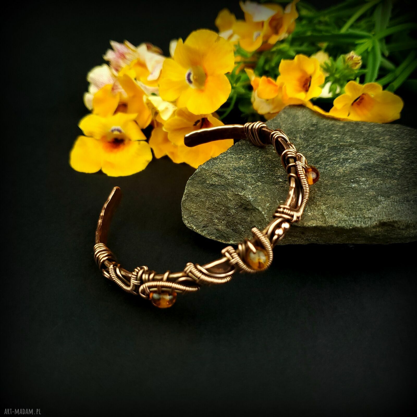 Bransoleta mankietowa z bursztynem - miedziany cuff wire wrapping