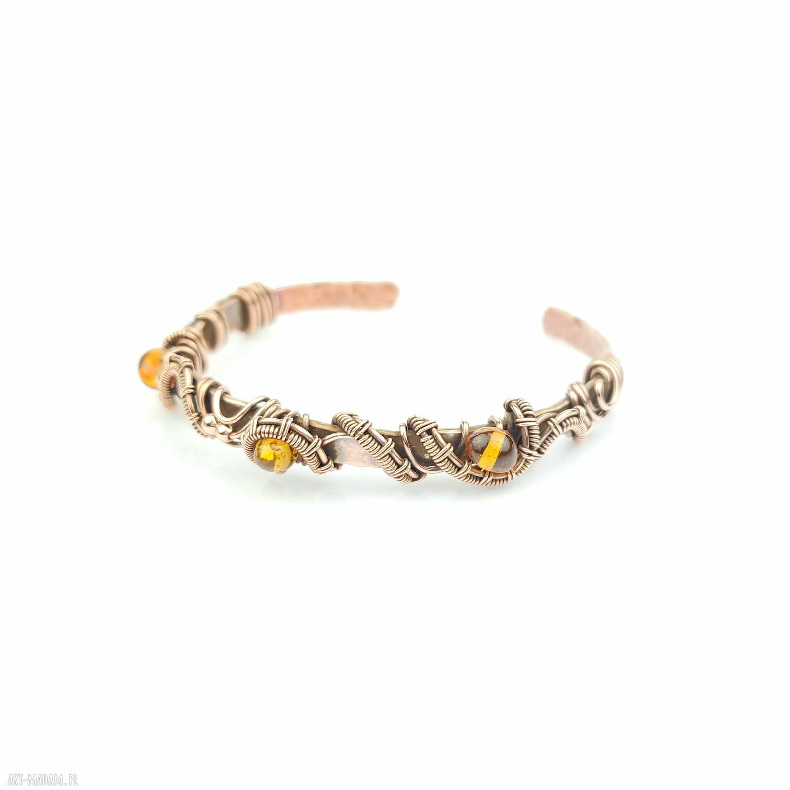 Bransoleta mankietowa z bursztynem - miedziany cuff wire wrapping