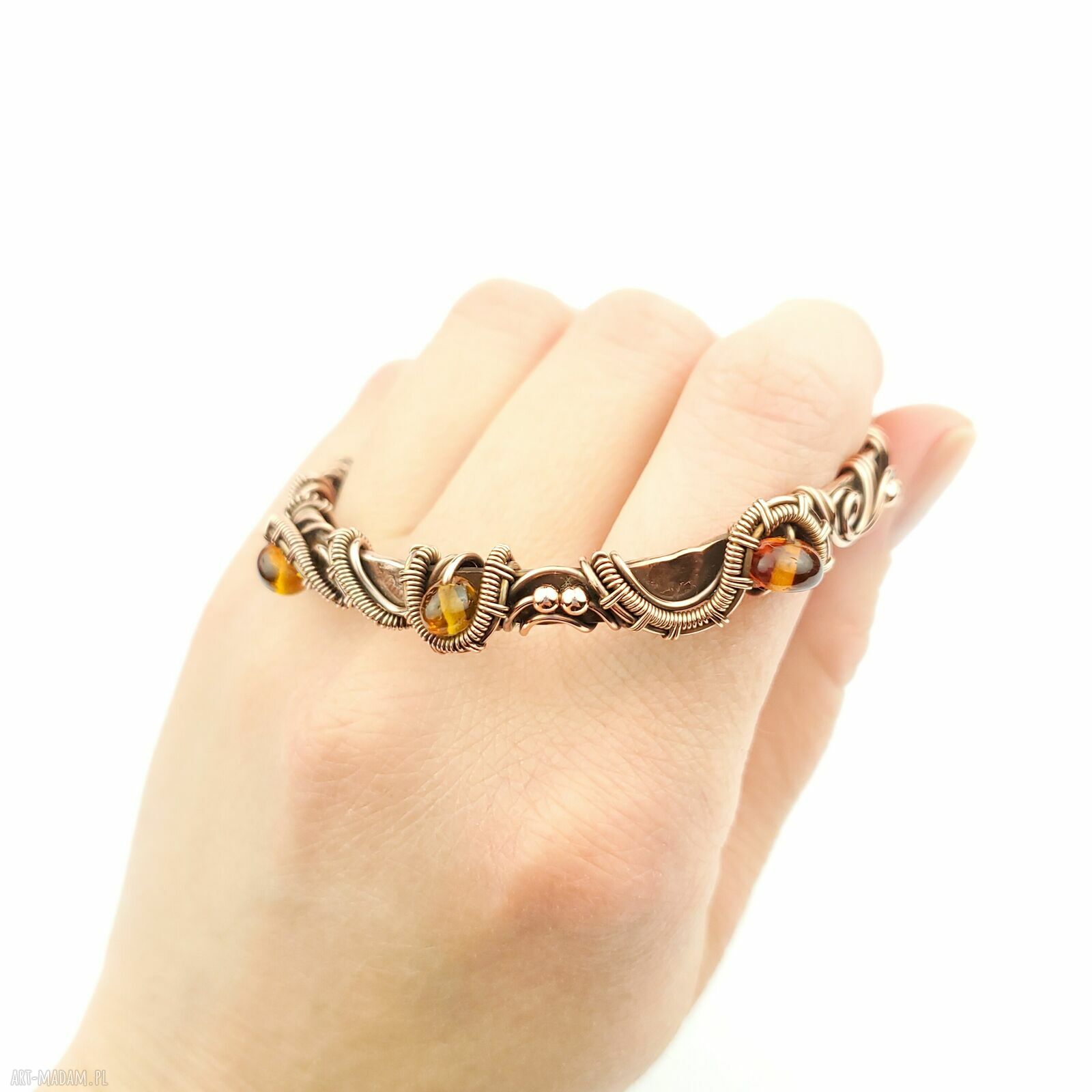 Bransoleta mankietowa z bursztynem - miedziany cuff wire wrapping
