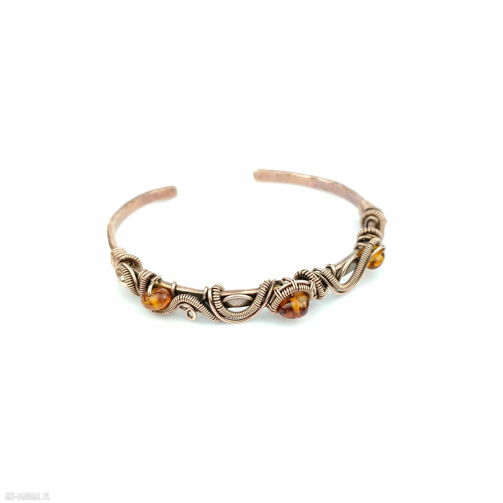 Bransoleta mankietowa z bursztynem i hematytem - miedziany cuff