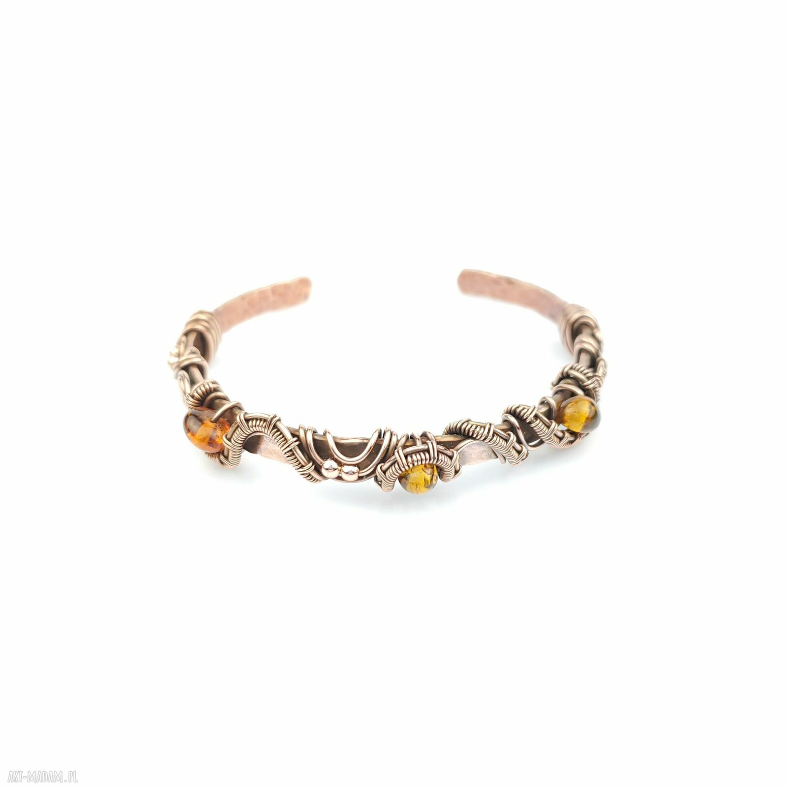 Bransoleta mankietowa z bursztynem - miedziany cuff wire wrapping