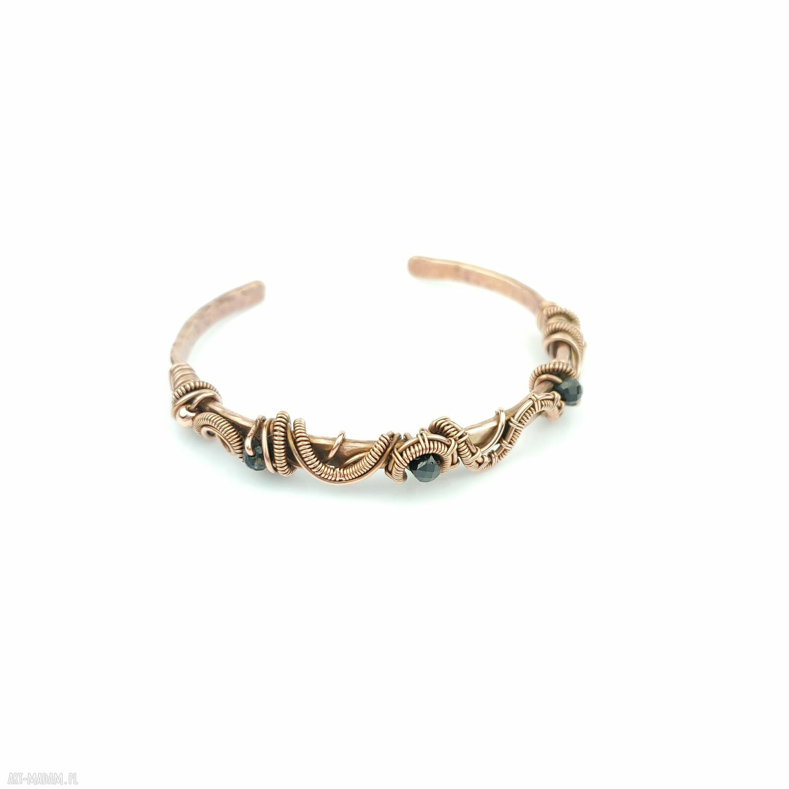 Bransoleta mankietowa z turmalinem i hematytem - miedziany cuff