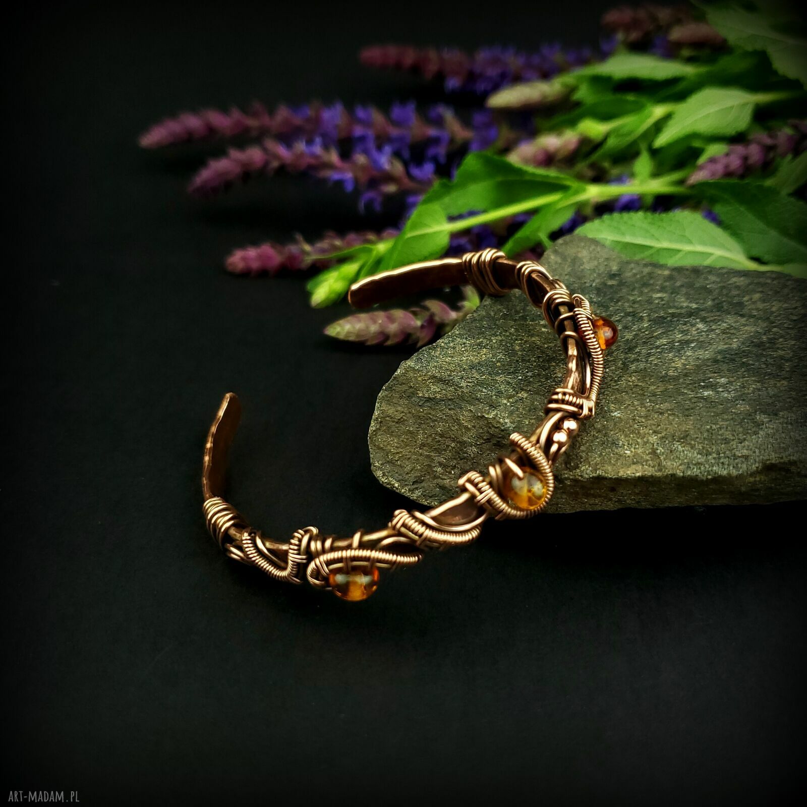 Bransoleta mankietowa z bursztynem - miedziany cuff wire wrapping