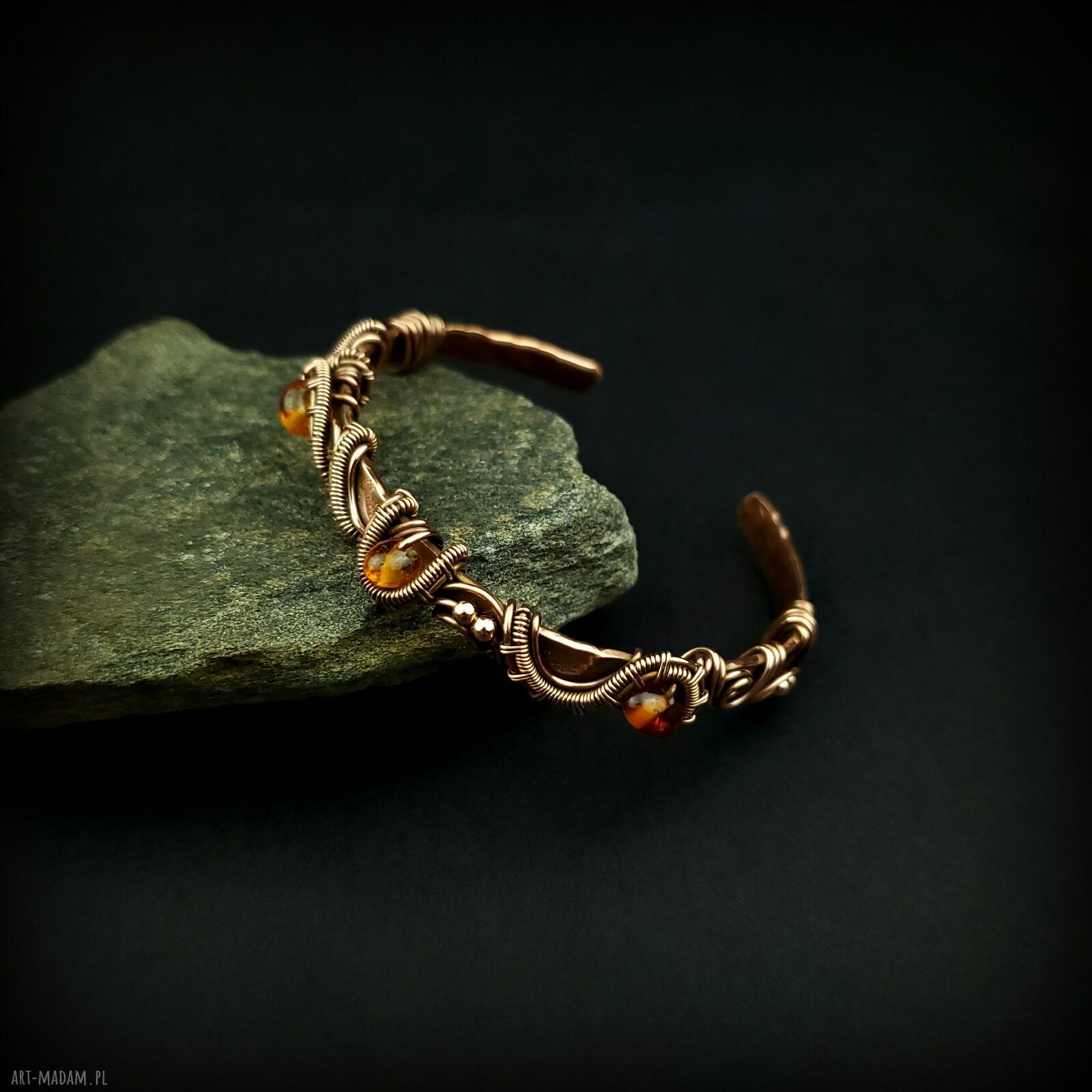 Bransoleta mankietowa z bursztynem - miedziany cuff wire wrapping