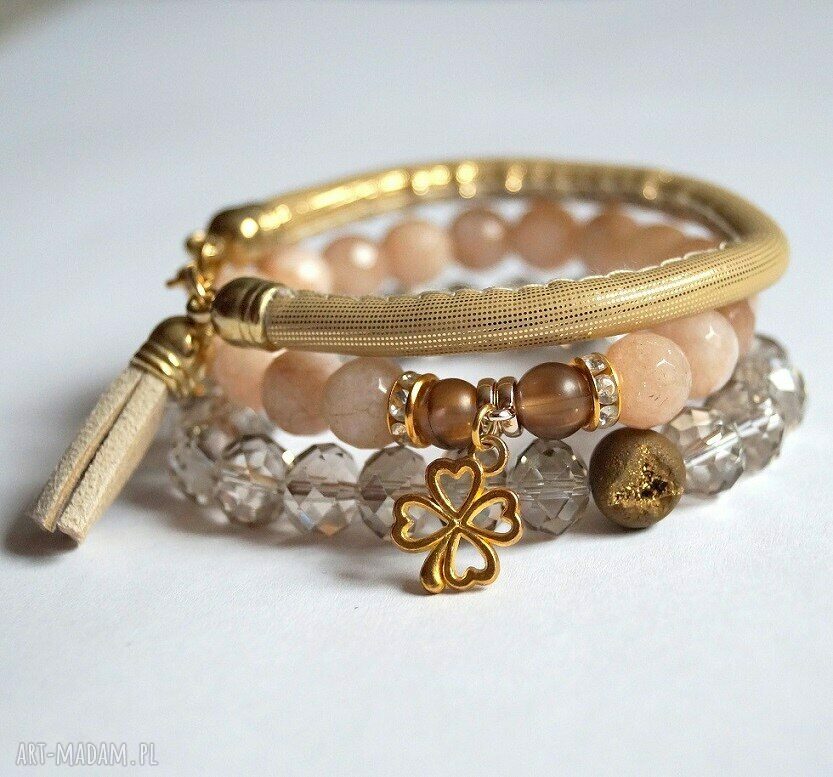 Bransoleta sand jade&gold clover
