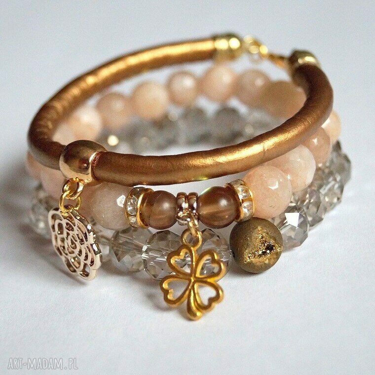 Bransoleta sand jade&gold clover