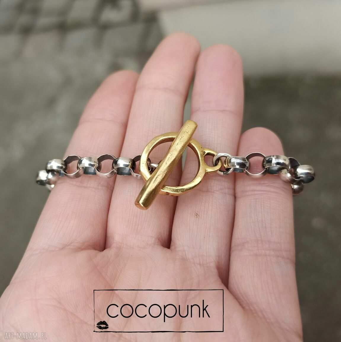bransoletki: Bransoleta srebro łańcuchowa ze złotym zapięciem. handmade