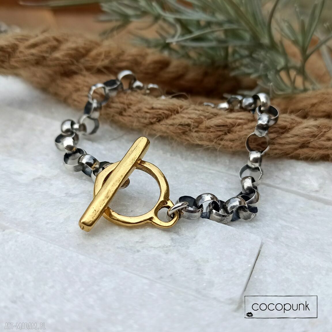 bransoletki: Bransoleta srebro łańcuchowa ze złotym zapięciem. handmade