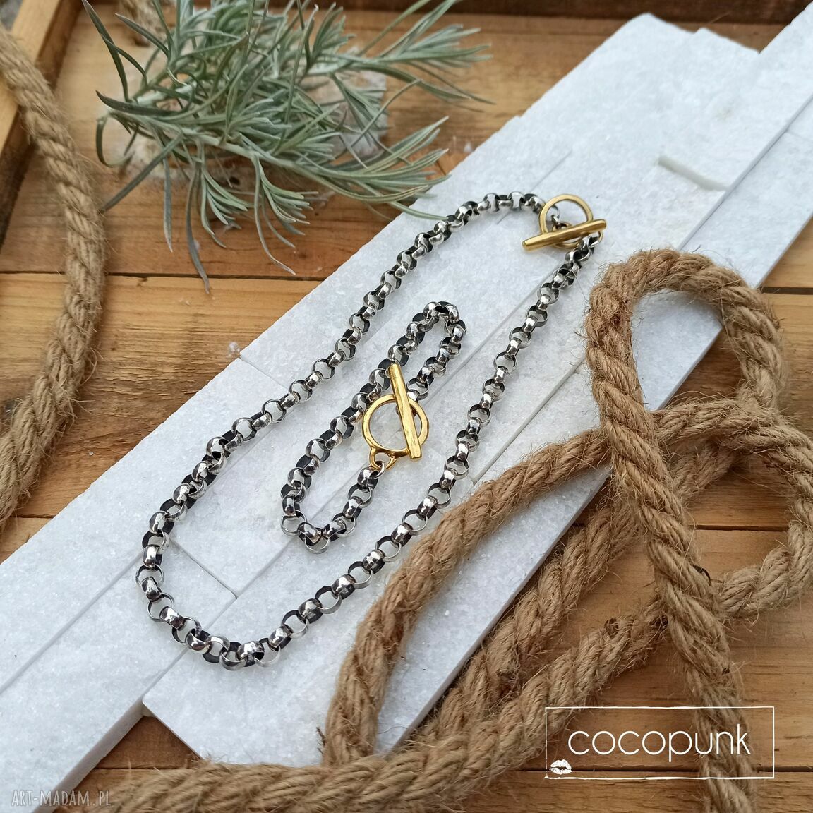 bransoletki: Bransoleta srebro łańcuchowa ze złotym zapięciem. handmade