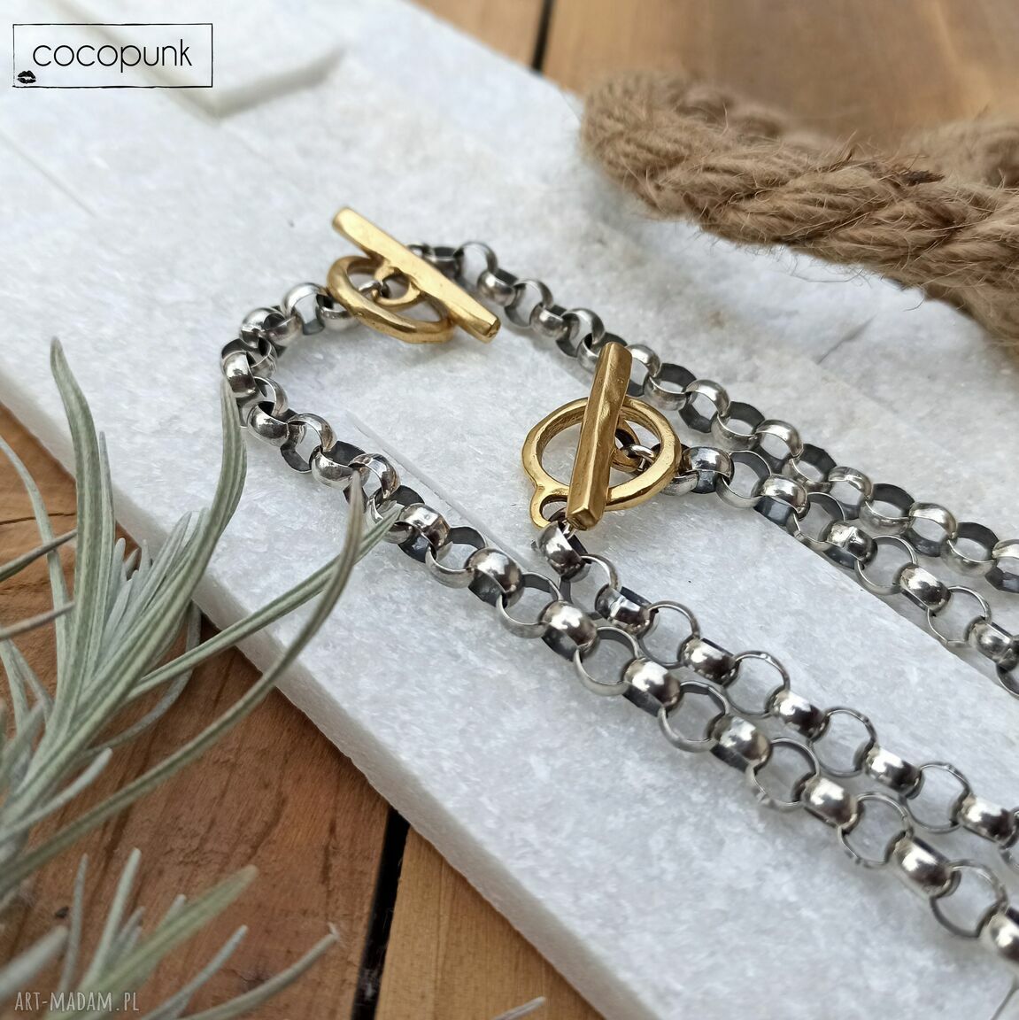 bransoletki: Bransoleta srebro łańcuchowa ze złotym zapięciem. handmade