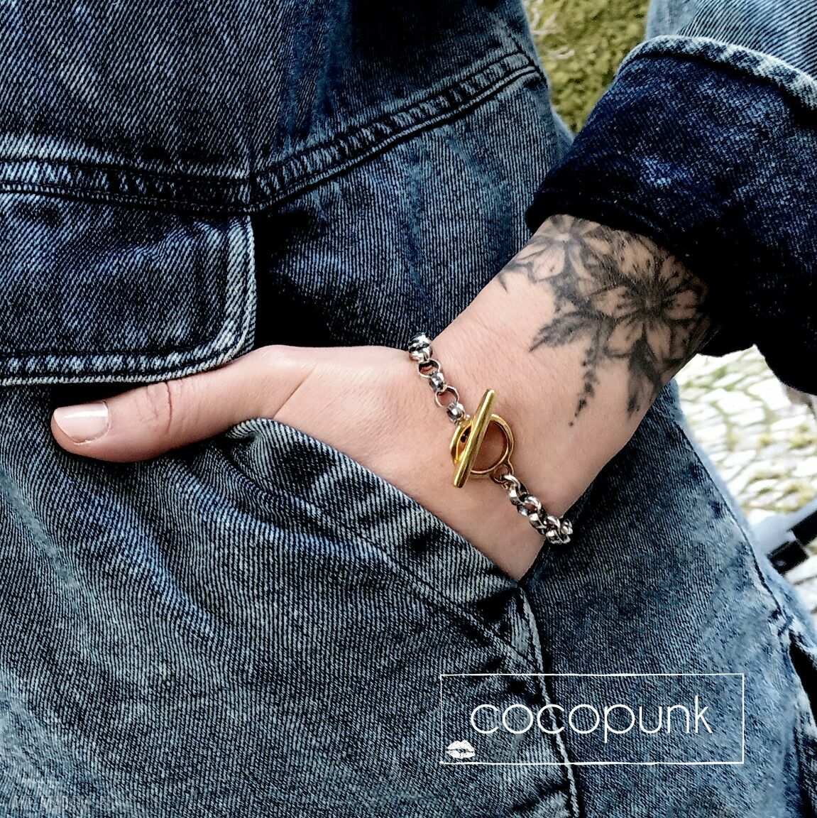 bransoletki: Bransoleta srebro łańcuchowa ze złotym zapięciem. handmade