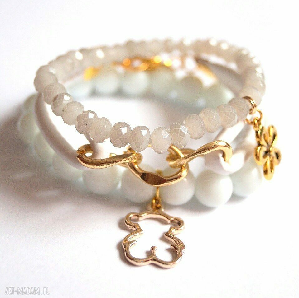 Bransoleta white jade&gold bear