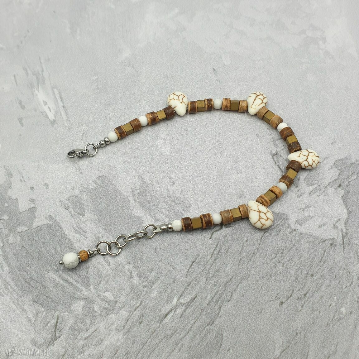 Bransoleta boho z białym turkusem Buffalo i stalą szlachetną