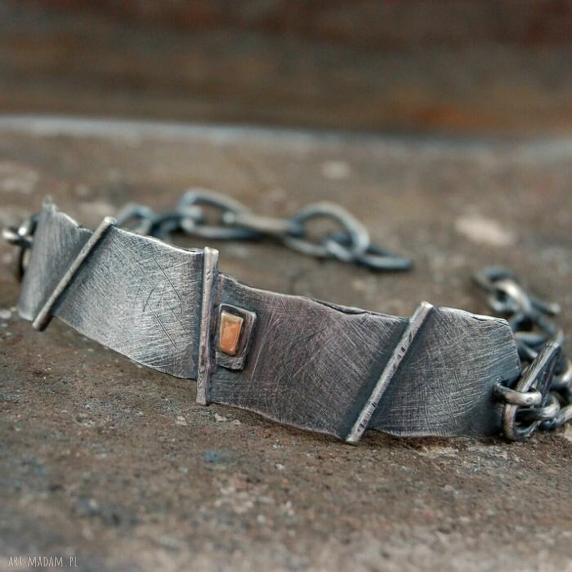 Bransoleta ze srebra oksydowanego i złota 585 - unisex, szerokość 1,4 cm
