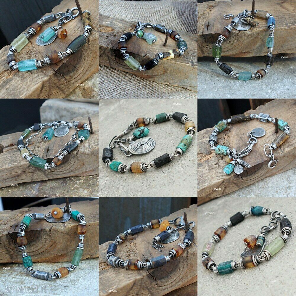 Bransoletka handmade: bursztyn i szkło afgańskie w oksydowanym srebrze 925