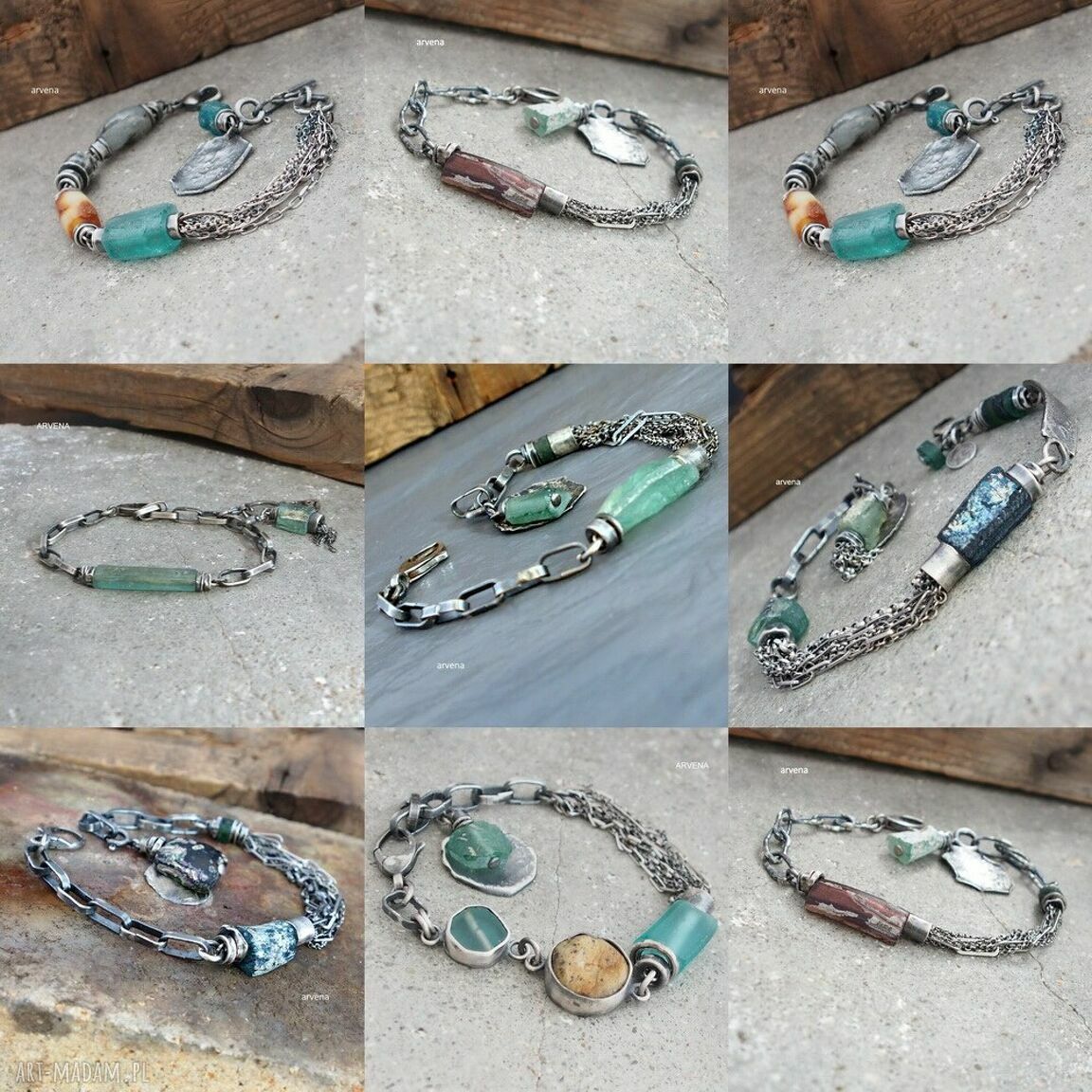 Bransoletka handmade: bursztyn i szkło afgańskie w oksydowanym srebrze 925