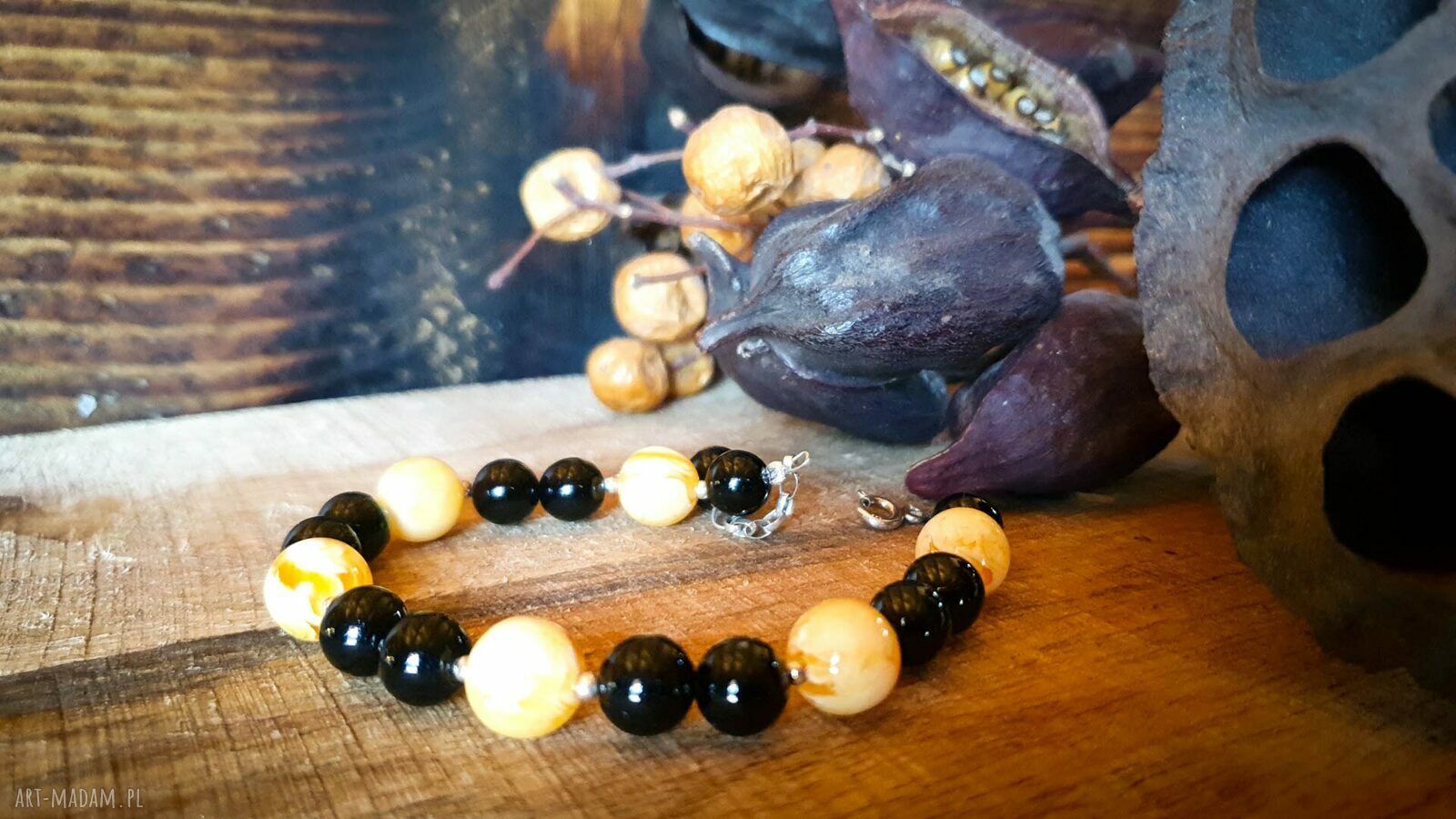 Bransoletka bursztyn prasowany, onyks i srebro - handmade