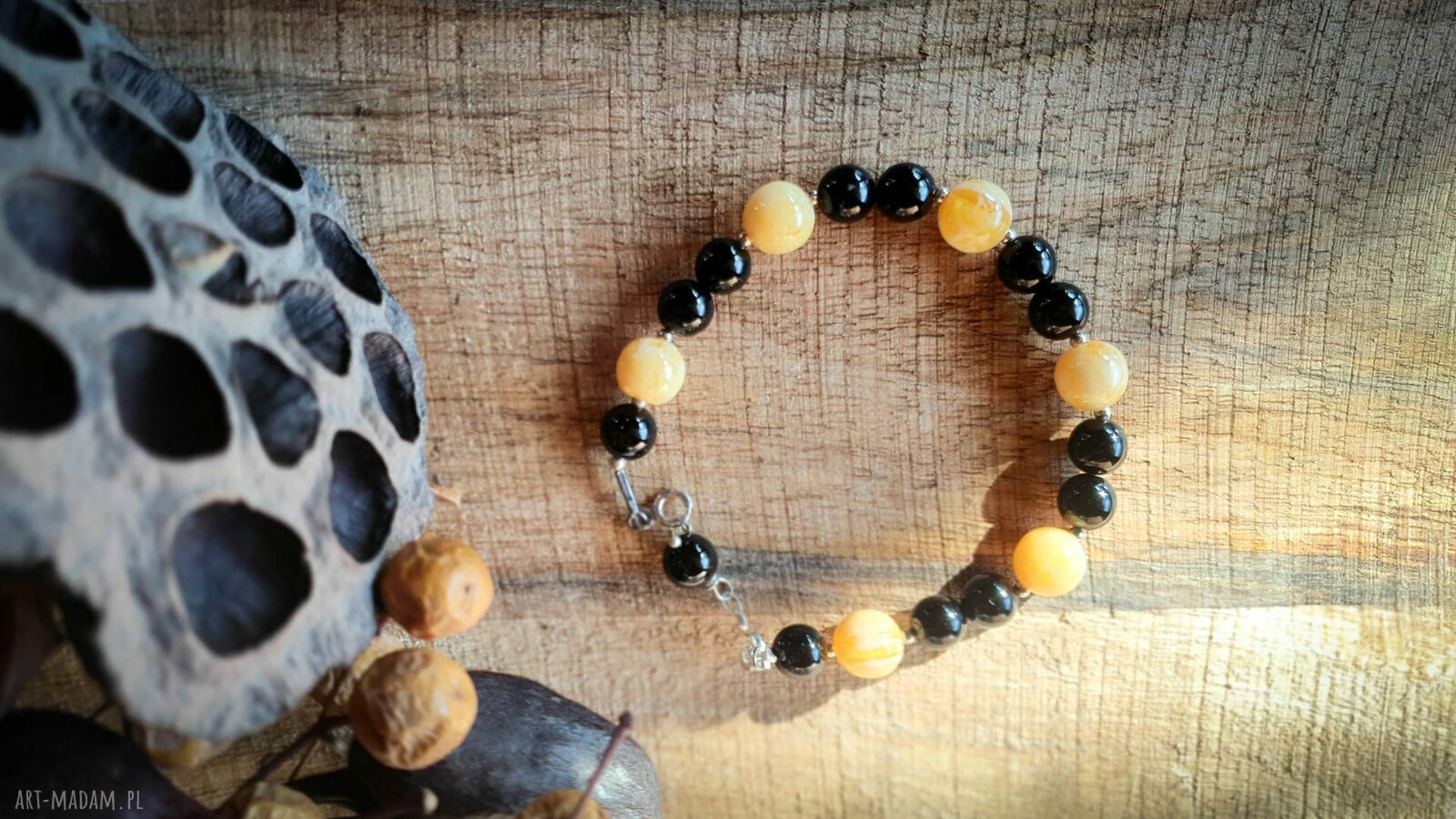 Bransoletka bursztyn prasowany, onyks i srebro - handmade