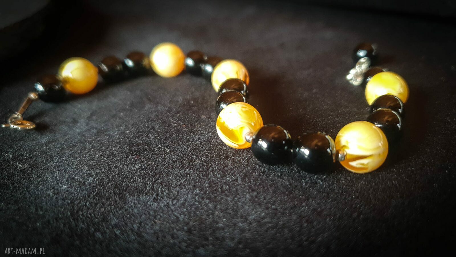 Bransoletka bursztyn prasowany, onyks i srebro - handmade