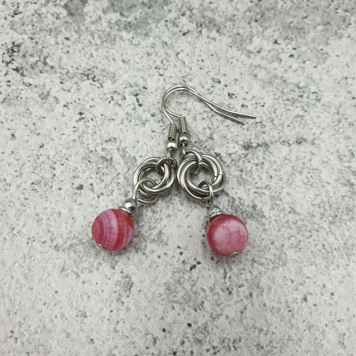Kolczyki chainmaille z agatem i hematytem - stal szlachetna