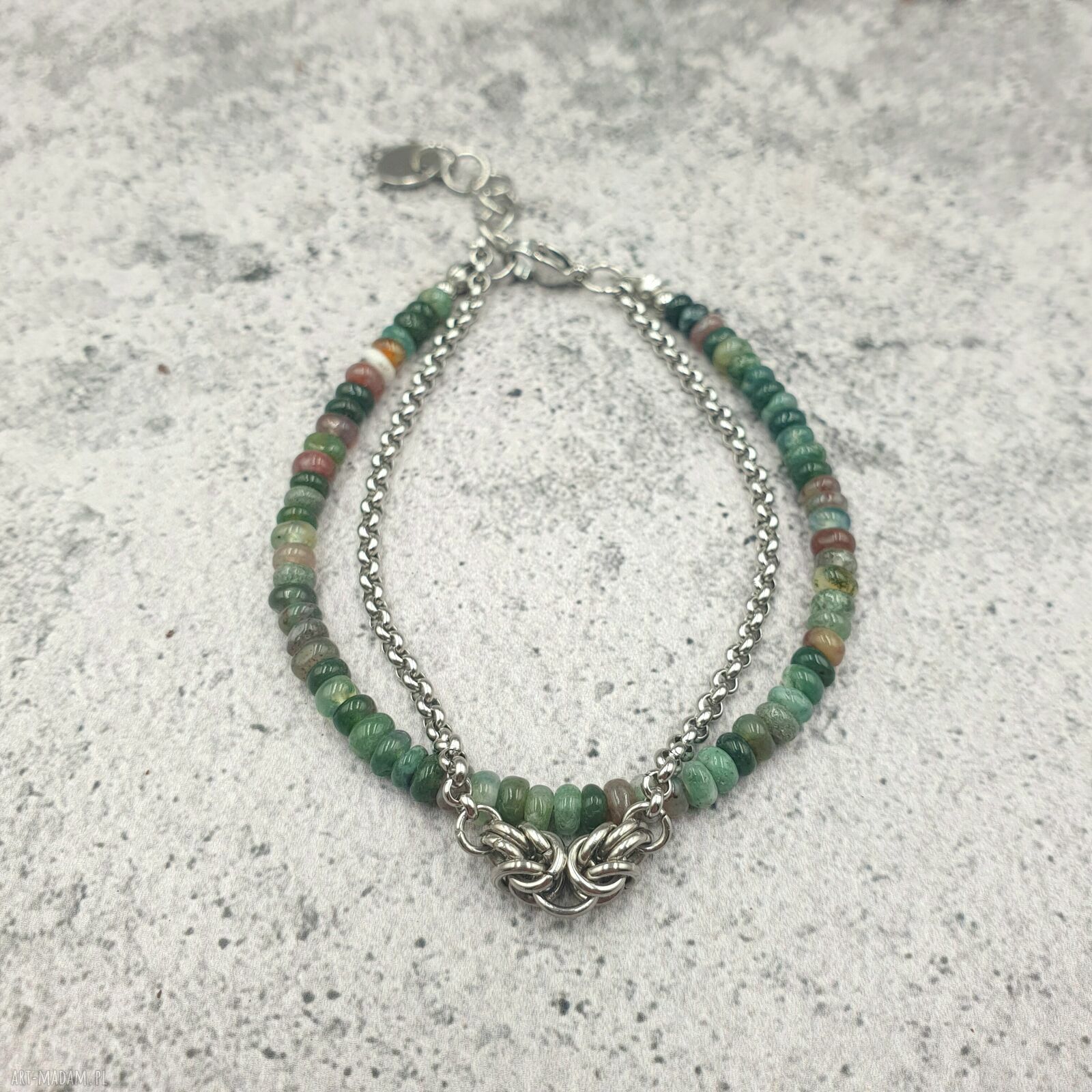 Bransoletka chainmaille z agatem indyjskim i stalą szlachetną
