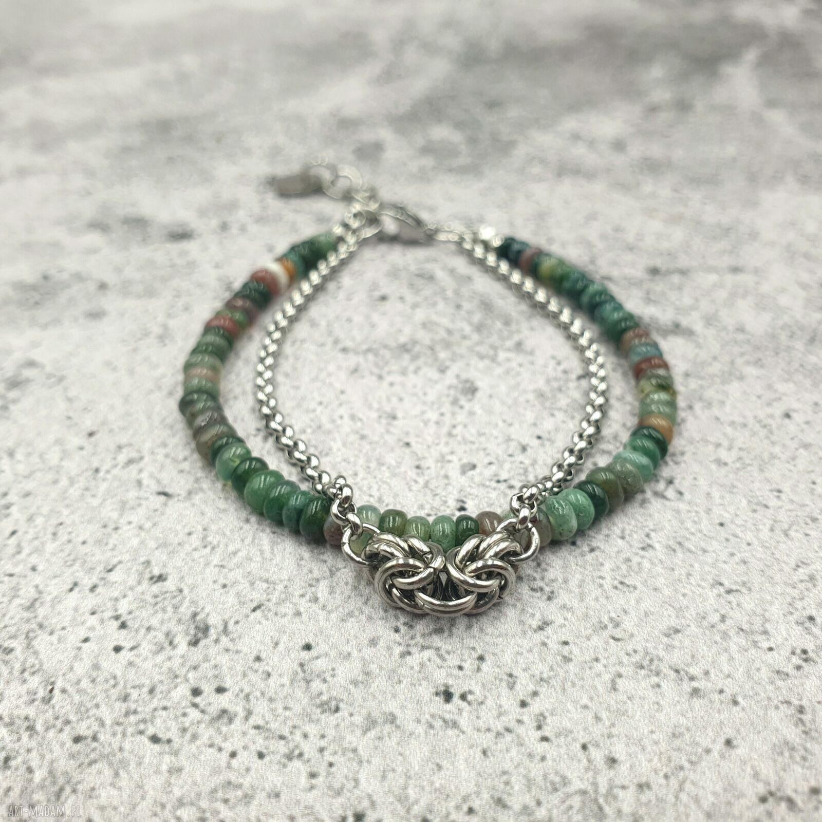 Bransoletka chainmaille z agatem indyjskim i stalą szlachetną