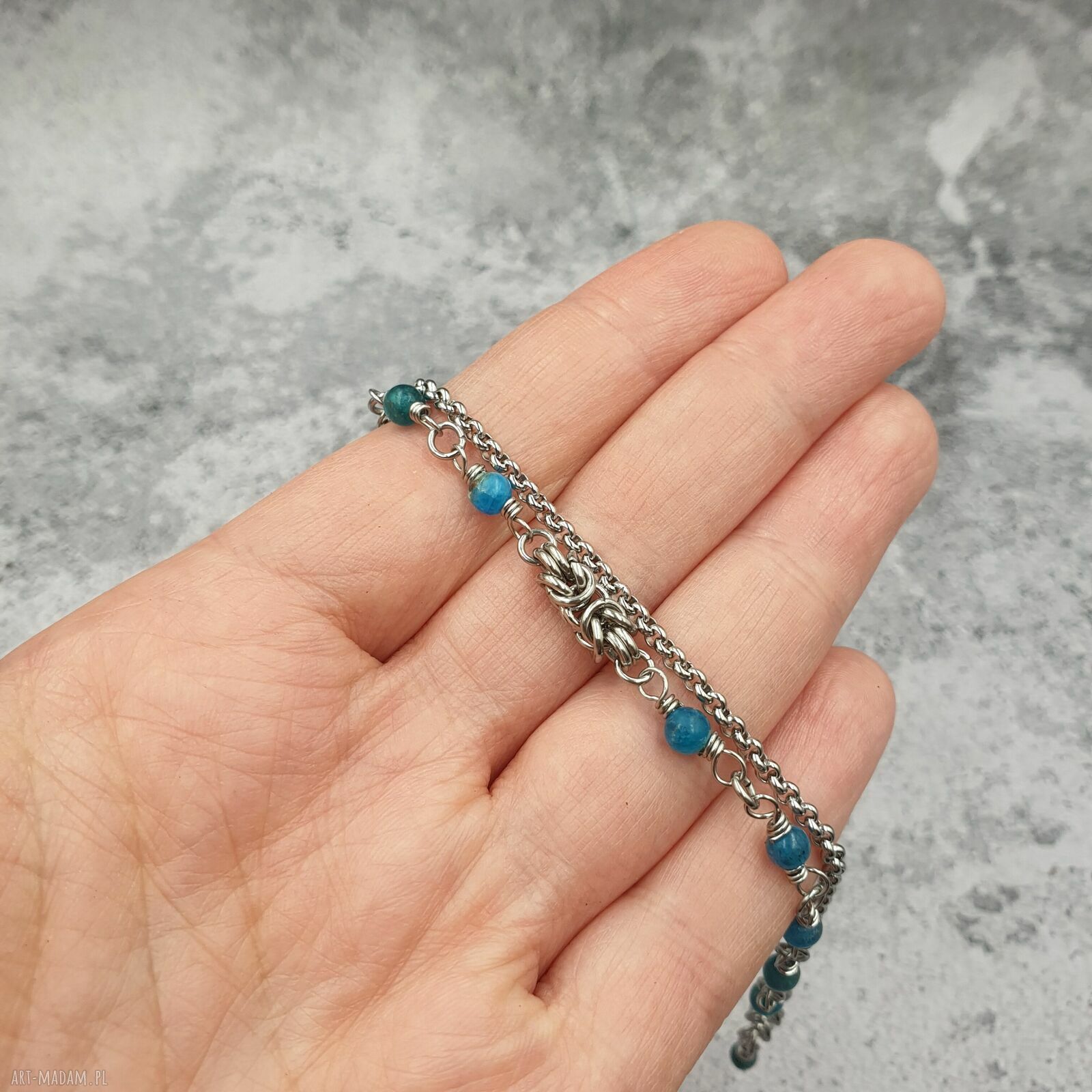 Bransoletka chainmaille - błękitny apatyt (stal szlachetna)