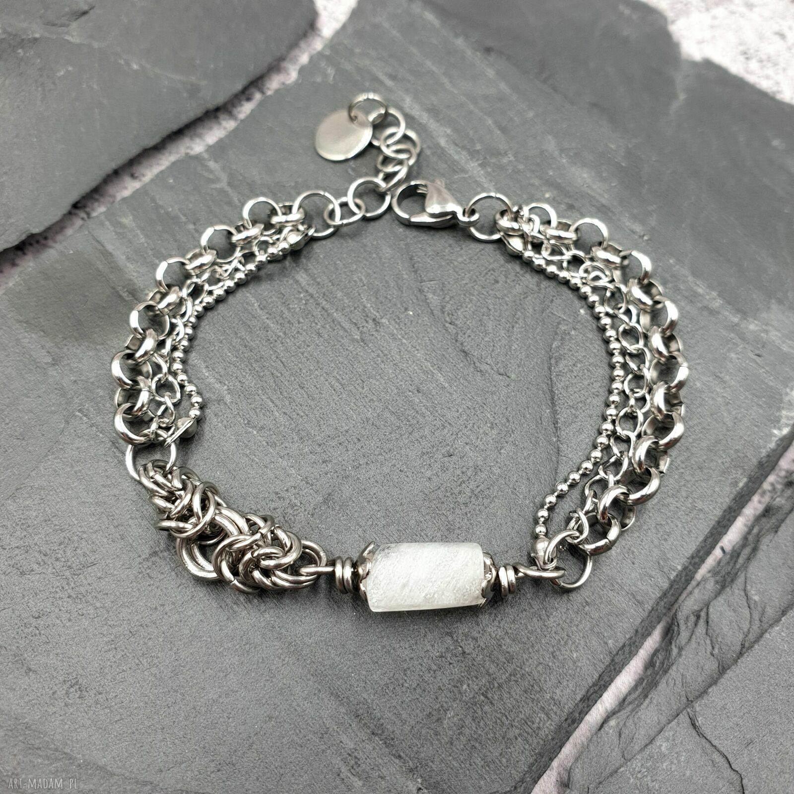 Bransoletka chainmaille z białego cytrynu - regulowana ze stali szlachetnej