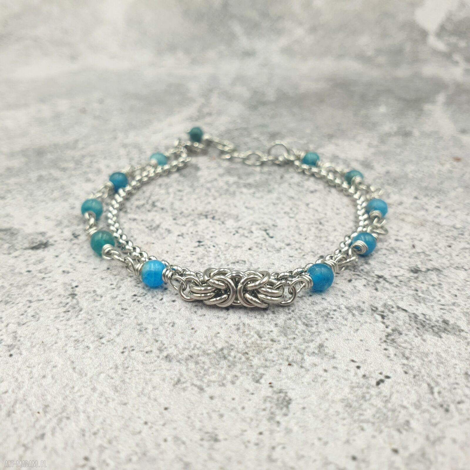 Bransoletka chainmaille - błękitny apatyt stal szlachetna