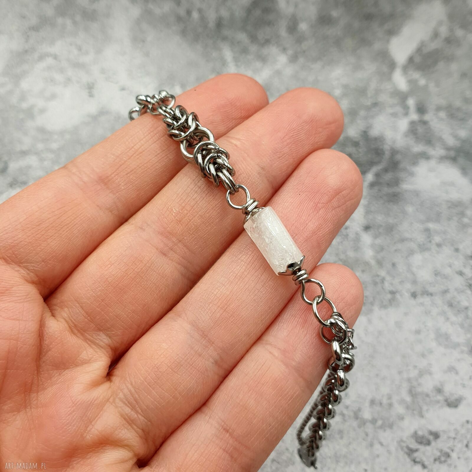 Bransoletka chainmaille z białego cytrynu - regulowana ze stali szlachetnej