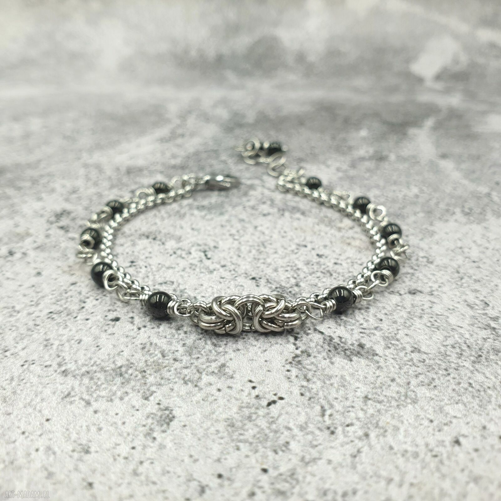 Bransoletka chainmaille - czarny hematyt i stal szlachetna