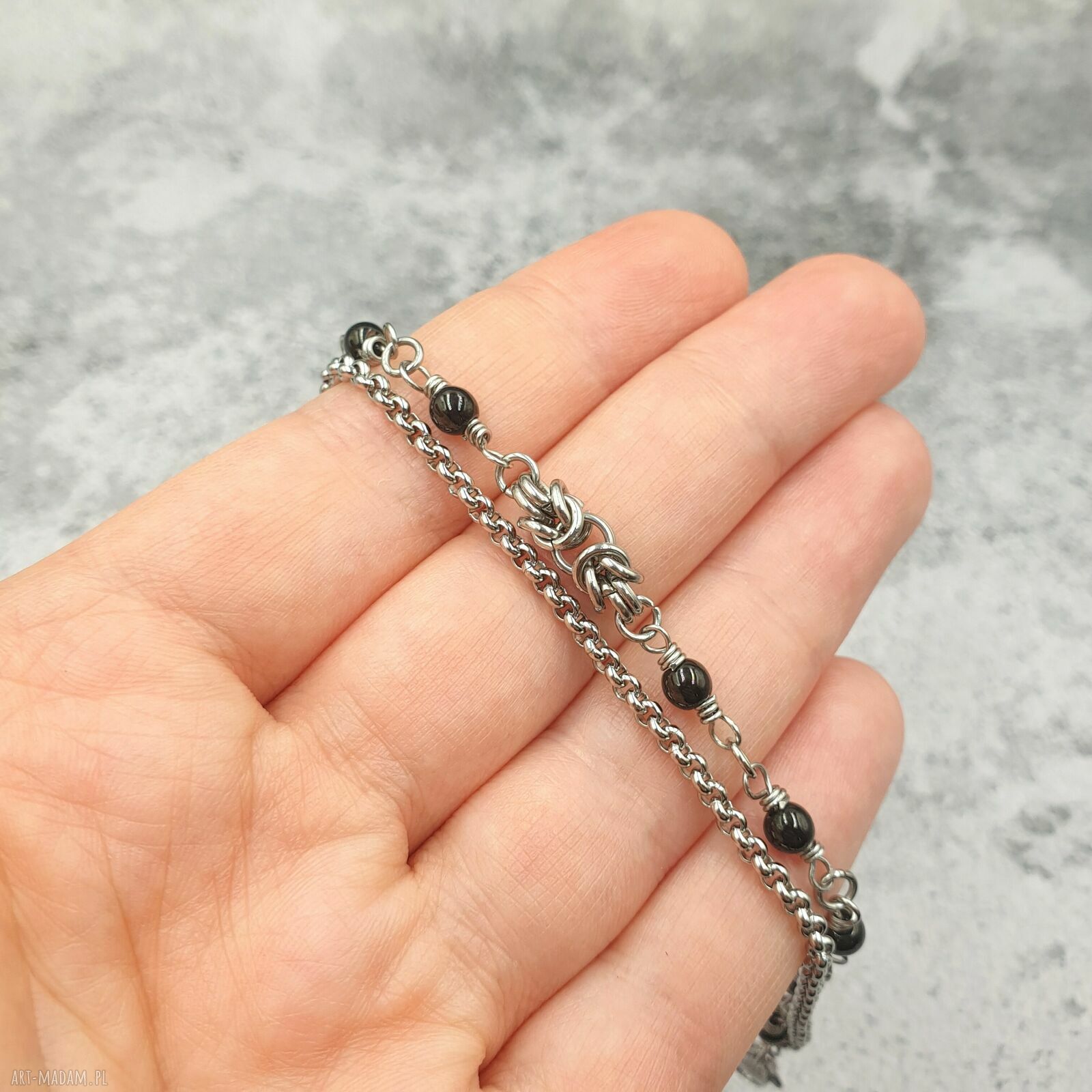 Bransoletka chainmaille - czarny hematyt i stal szlachetna