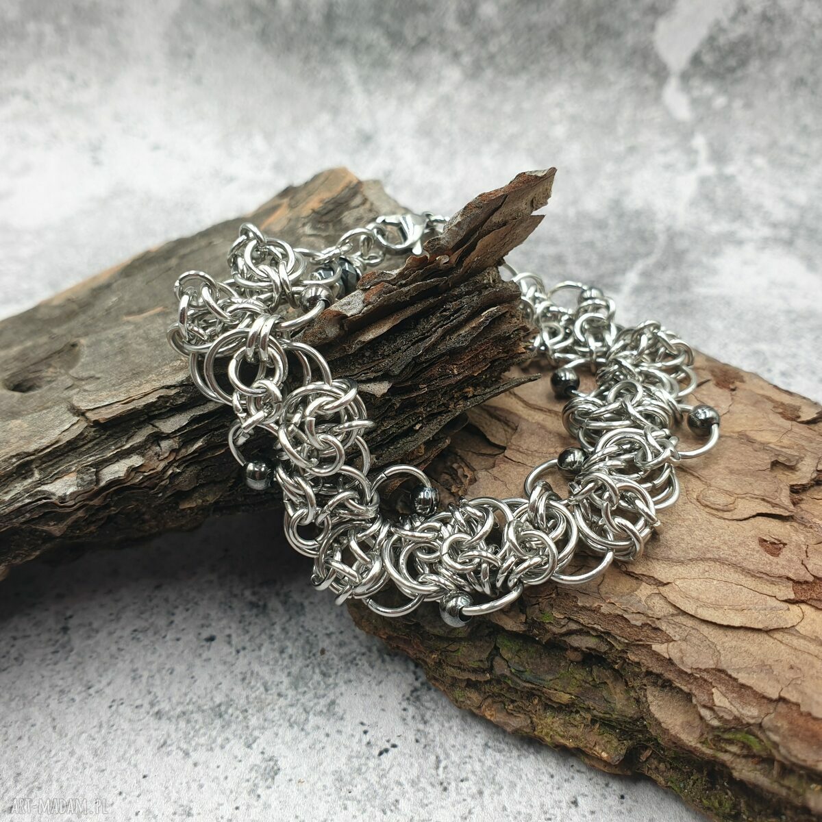 Bransoletka chainmaille Celtic Lace z hematytem - ręcznie robiona, regulowana