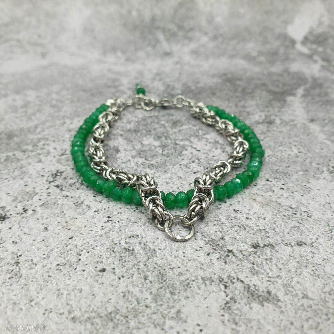 Bransoletka chainmaille z zielonym jadeitem - stal szlachetna