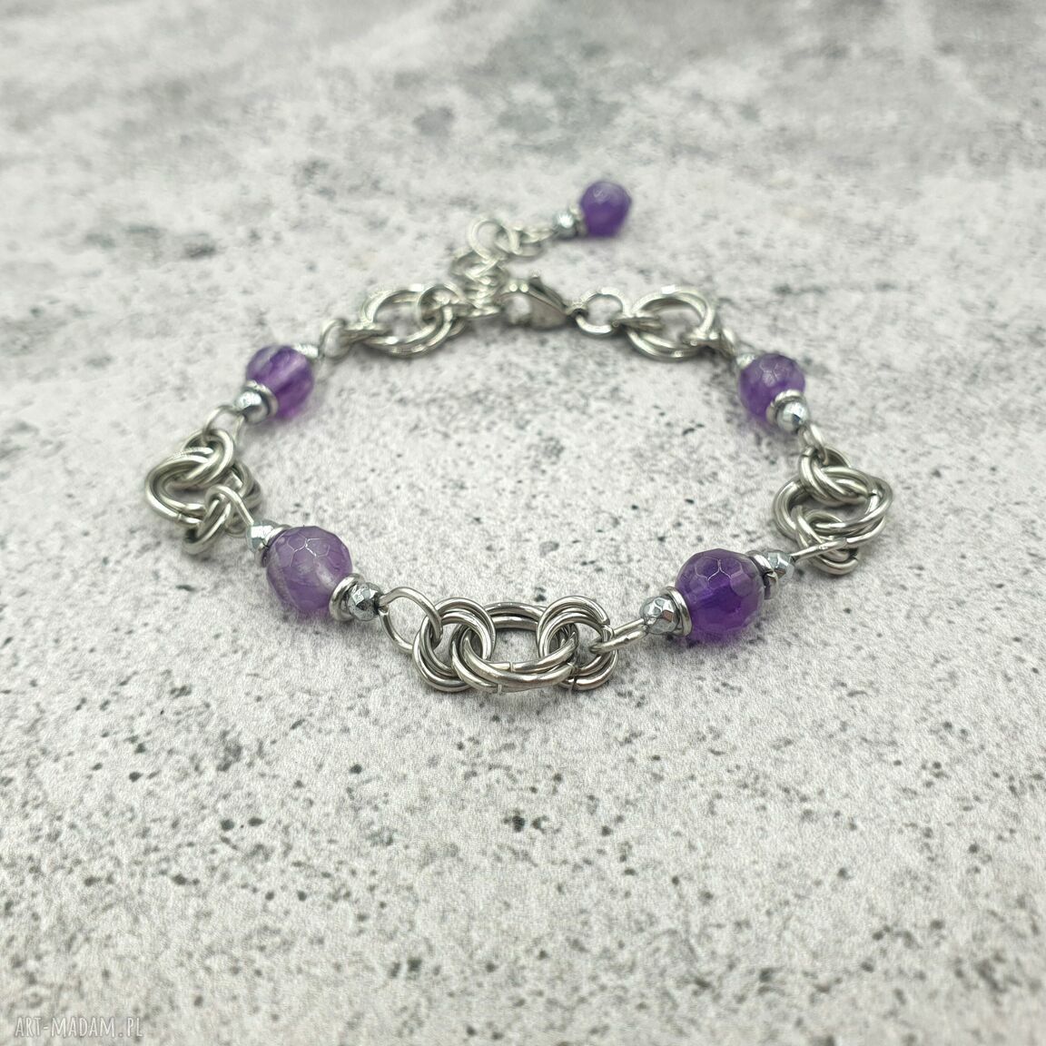 Bransoletka chainmaille z ametystem i hematytem Omnis Lapis - regulowana