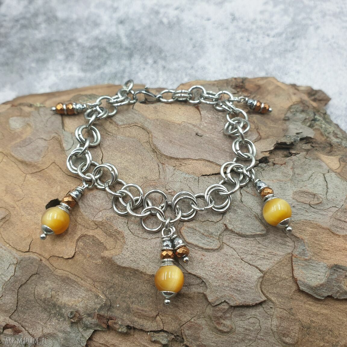 Bransoletka chainmaille z Tygrysim Okiem i Hematytem