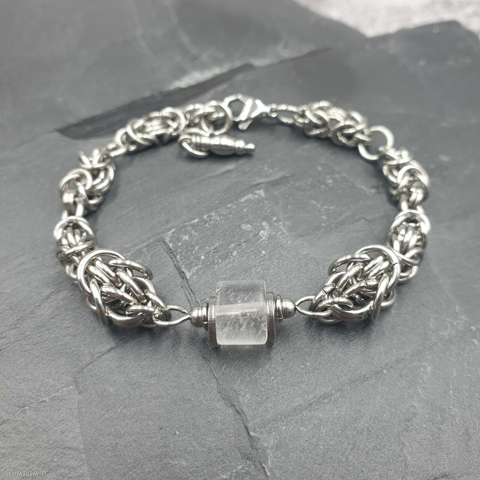 Bransoletka chainmaille z kryształem górskim - stal szlachetna, regulowana