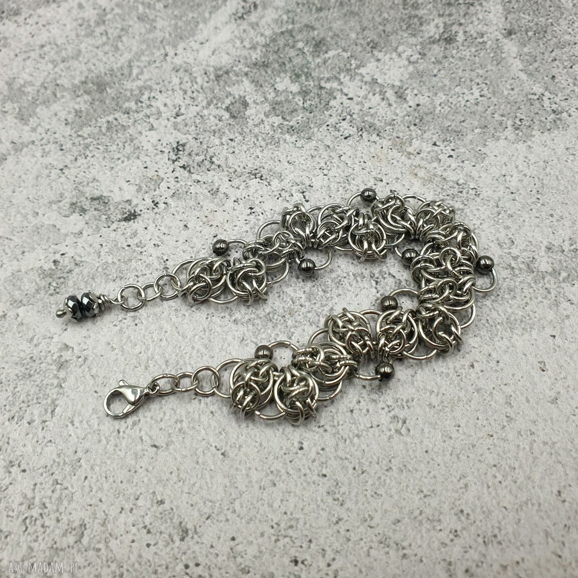 Bransoletka chainmaille Celtic Lace z hematytem - ręcznie robiona, regulowana
