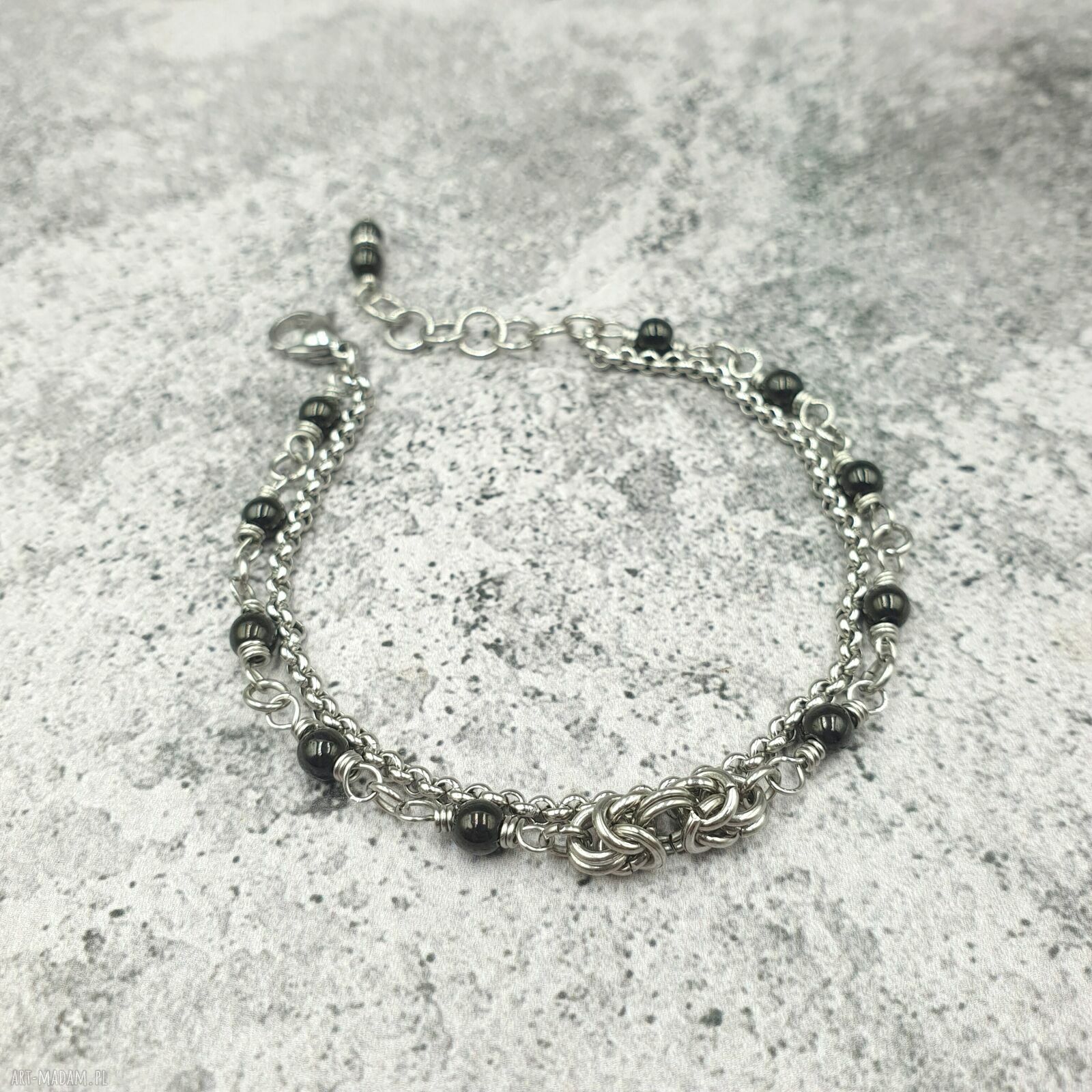 Bransoletka chainmaille - czarny hematyt i stal szlachetna