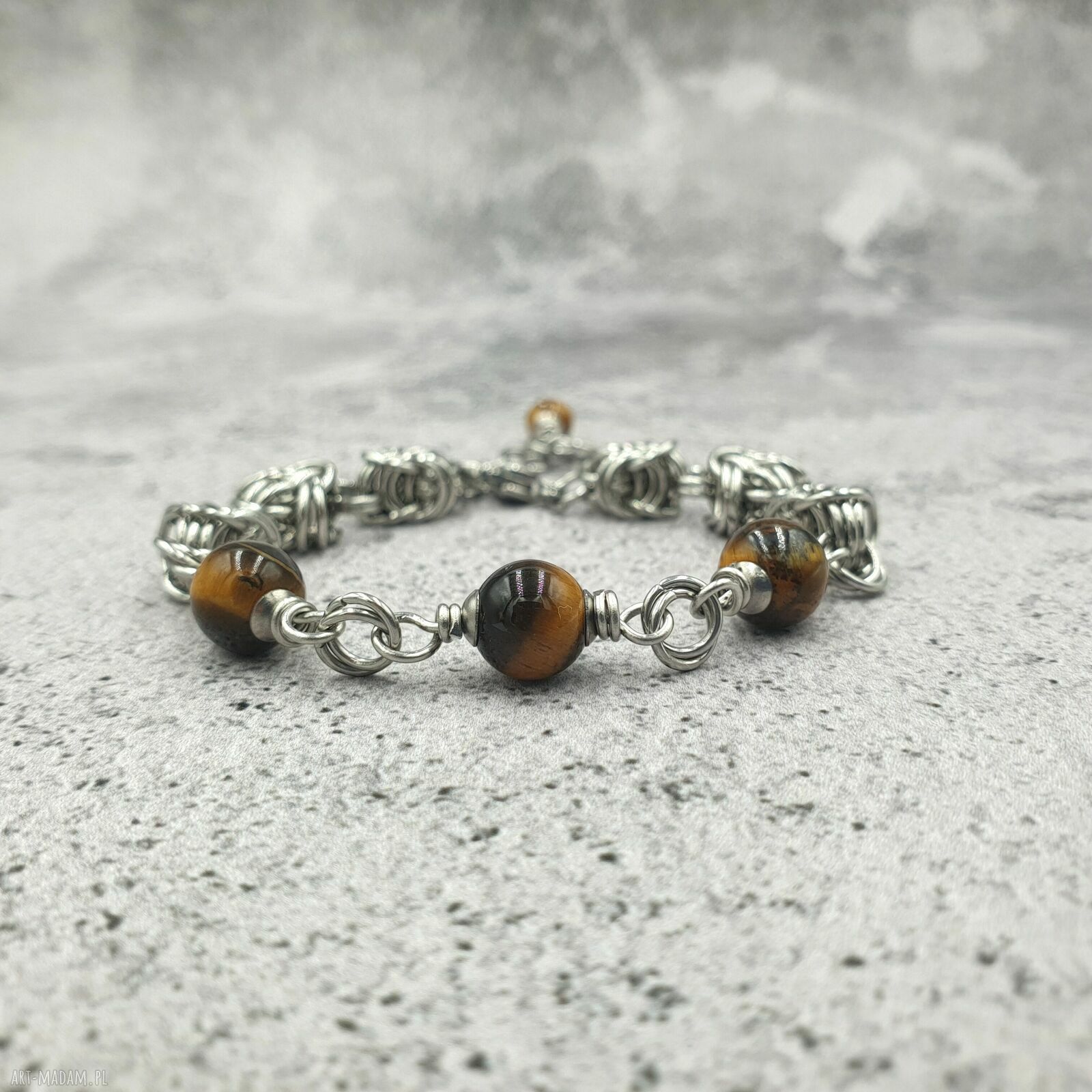 Bransoletka chainmaille Tygrysie Oko ze stali szlachetnej - regulowana