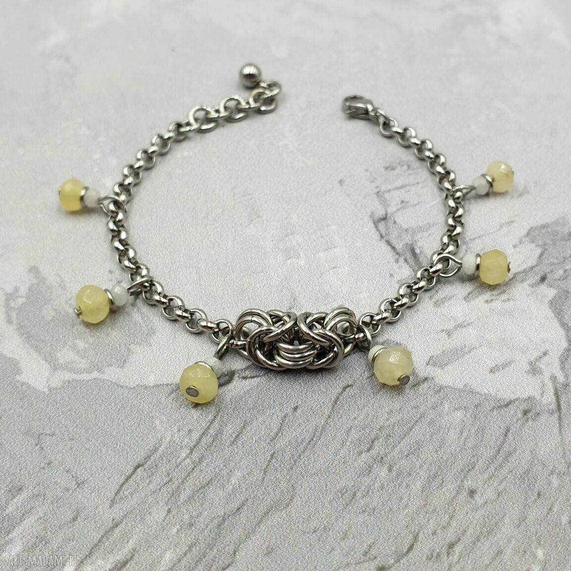 Orientalna bransoletka chainmaille z jadeitem - regulowana ze stali szlachetnej