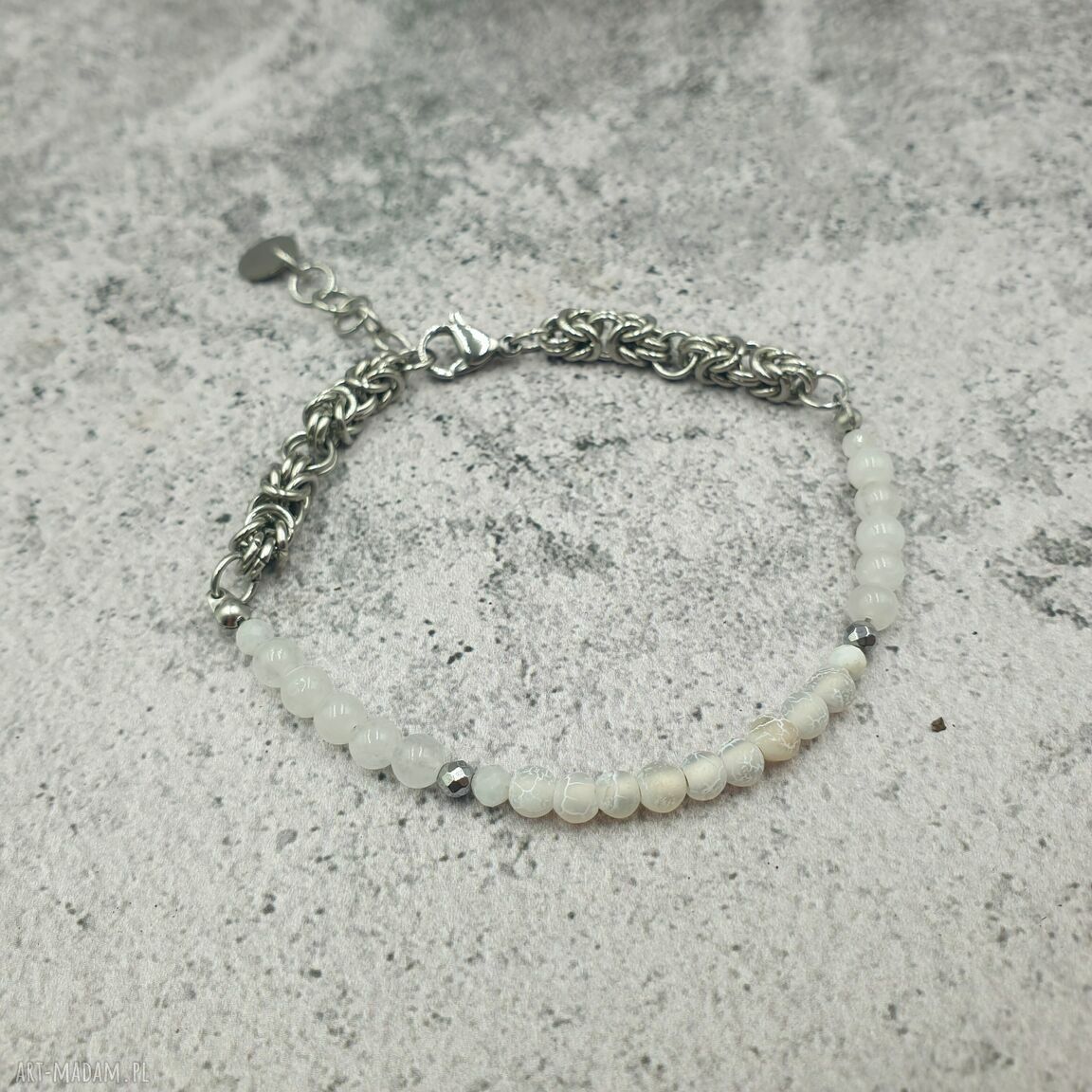 Bransoletka chainmaille z agatem pastelowym i hematytem - bizantyjski splot