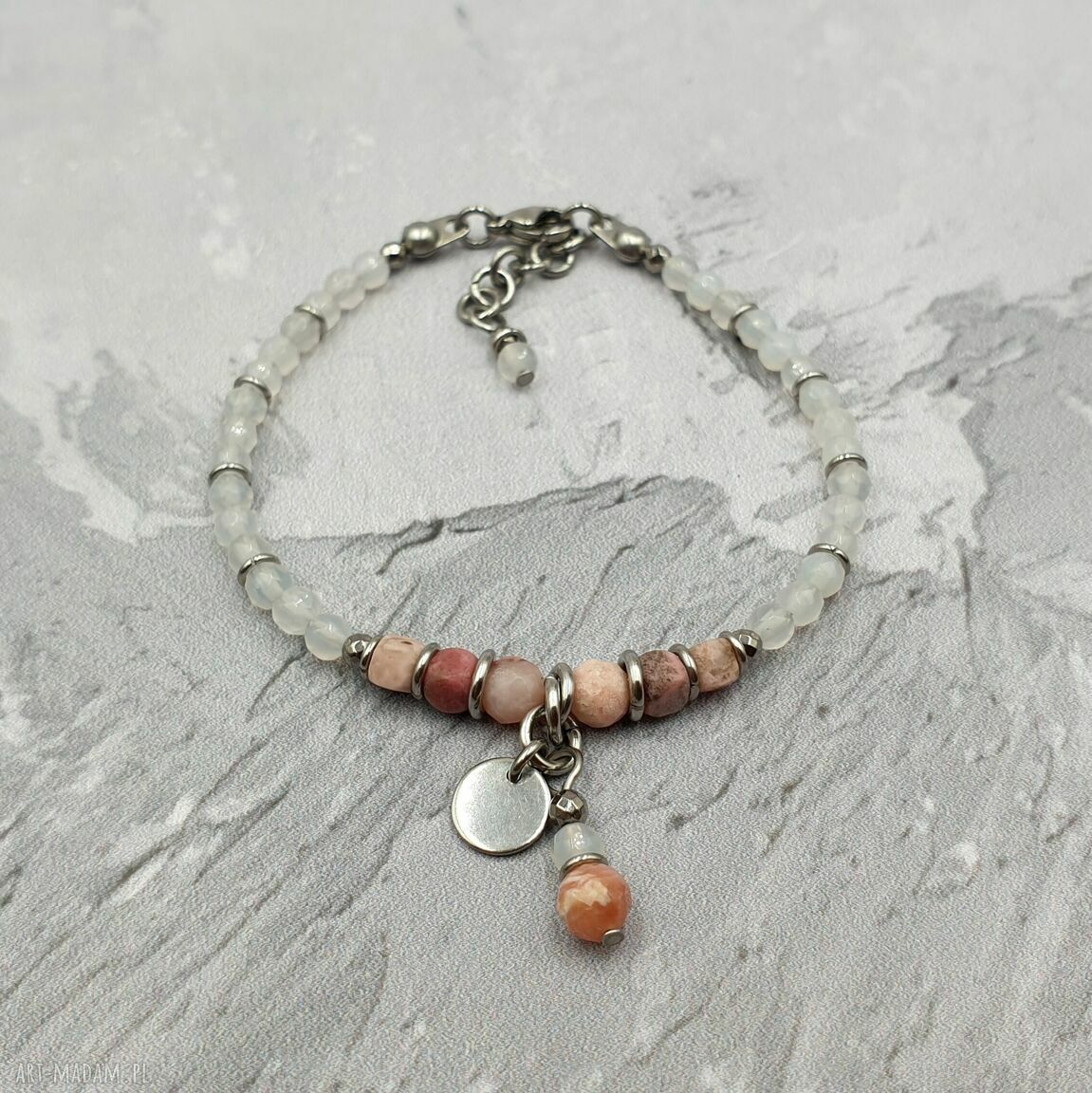 Bransoletka chainmaille - kamień księżycowy, agat i rodonit