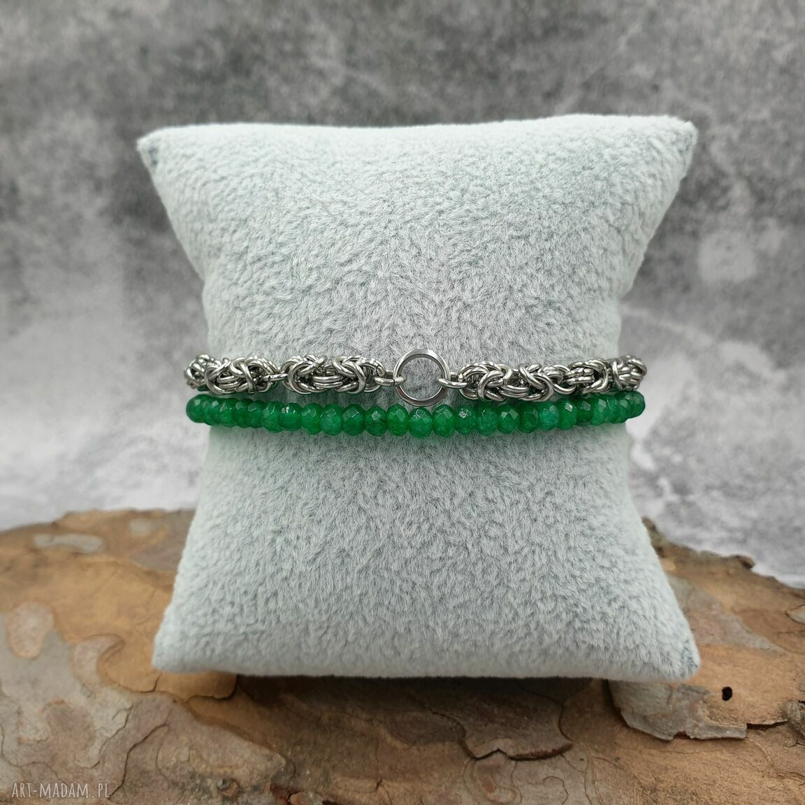 Bransoletka chainmaille z zielonym jadeitem - stal szlachetna
