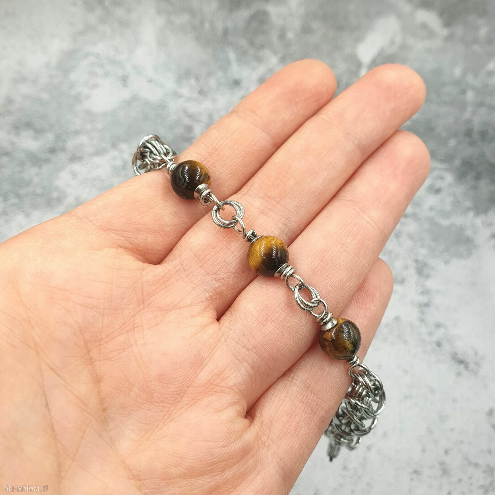 Bransoletka chainmaille Tygrysie Oko ze stali szlachetnej - regulowana