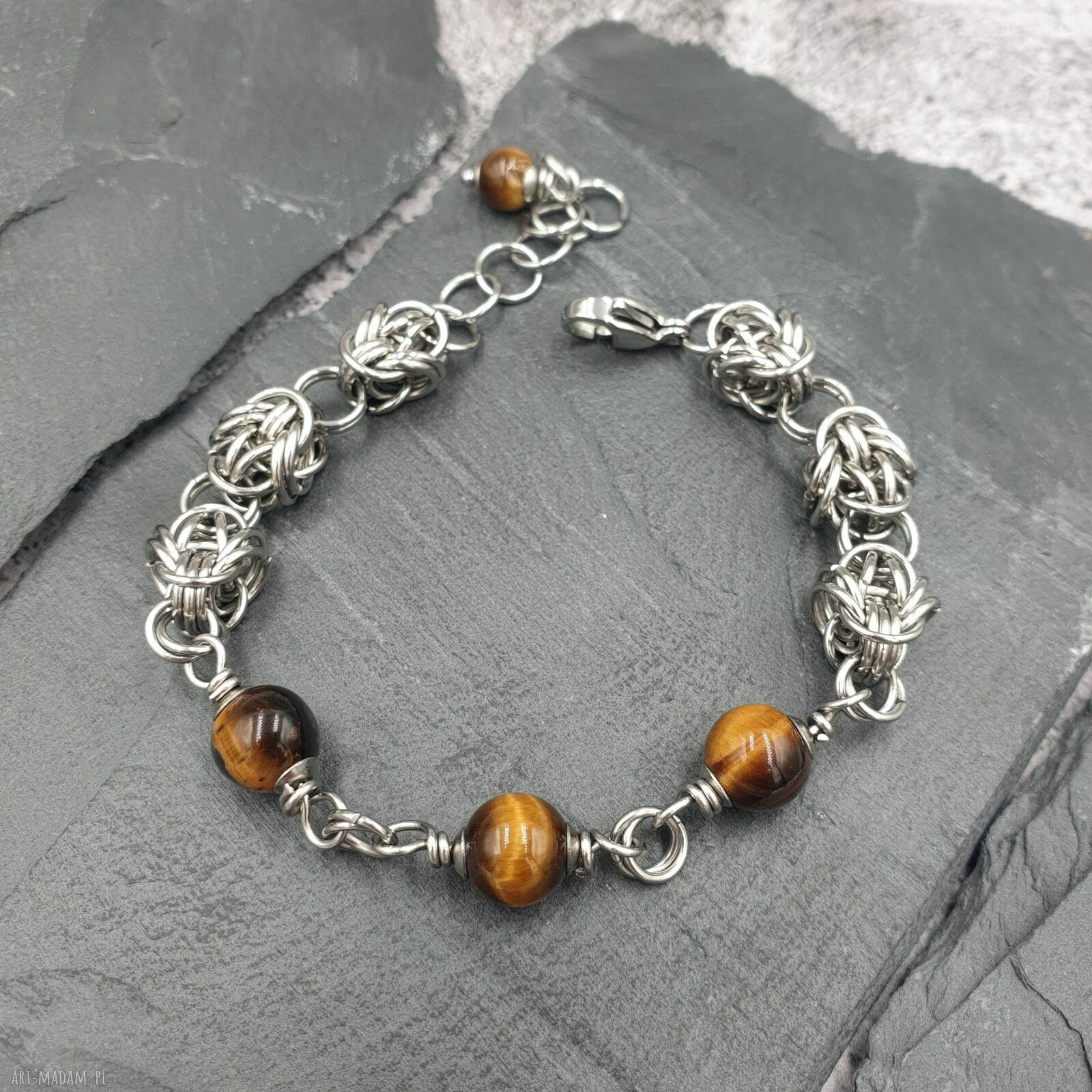 Bransoletka chainmaille Tygrysie Oko ze stali szlachetnej - regulowana