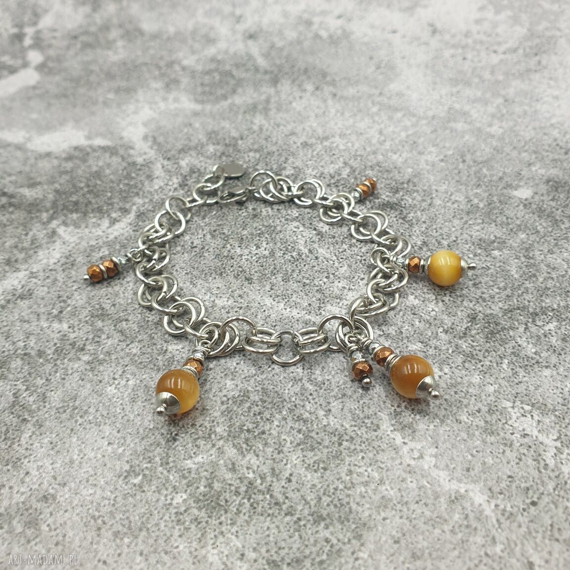 Bransoletka chainmaille z Tygrysim Okiem i Hematytem