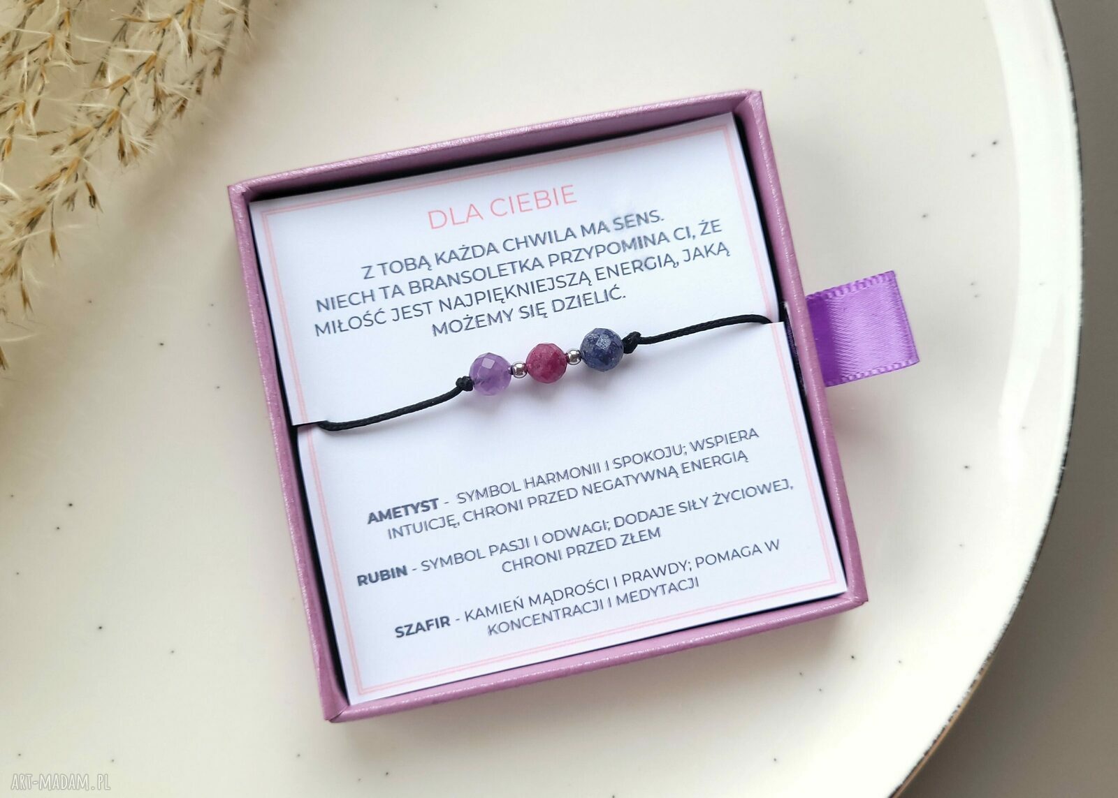 Prezentowa bransoletka z ametystem, rubinem i szafirem